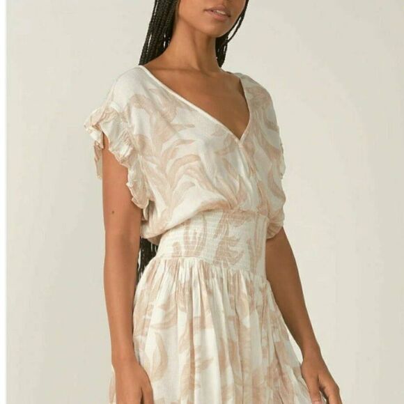 Elan Tan and white tropical print smocked waist wrap top mini dress NWT size XS - Picture 3 of 16